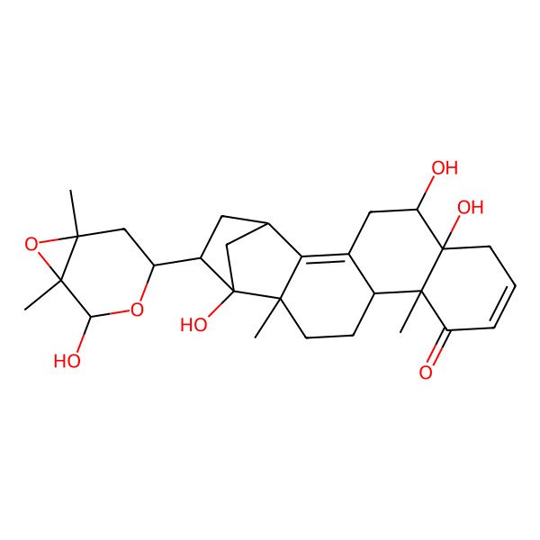 2D Structure of 5,6,16-Trihydroxy-17-(2-hydroxy-1,6-dimethyl-3,7-dioxabicyclo[4.1.0]heptan-4-yl)-11,15-dimethylpentacyclo[14.2.1.02,15.03,12.06,11]nonadeca-2,8-dien-10-one