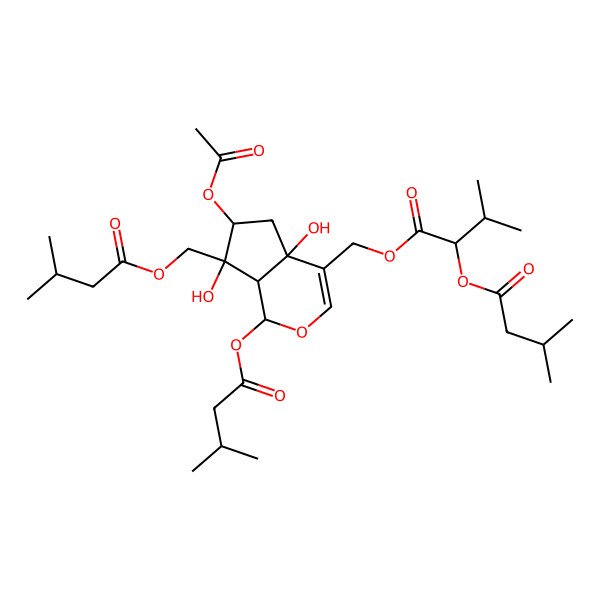 2D Structure of [(1S,4aR,6S,7R,7aS)-6-acetyloxy-4a,7-dihydroxy-1-(3-methylbutanoyloxy)-7-(3-methylbutanoyloxymethyl)-1,5,6,7a-tetrahydrocyclopenta[c]pyran-4-yl]methyl (2R)-3-methyl-2-(3-methylbutanoyloxy)butanoate