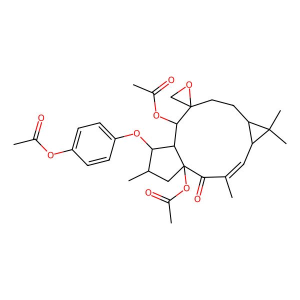 2D Structure of [(1'R,2R,3'E,5'R,7'S,11'S,12'R,13'S,14'S)-1'-acetyloxy-13'-(4-acetyloxyphenoxy)-3',6',6',14'-tetramethyl-2'-oxospiro[oxirane-2,10'-tricyclo[10.3.0.05,7]pentadec-3-ene]-11'-yl] acetate