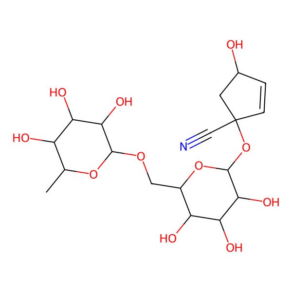 2D Structure of (1S,4S)-4-hydroxy-1-[(2S,3R,4S,5S,6R)-3,4,5-trihydroxy-6-[[(2R,3S,4S,5S,6R)-3,4,5-trihydroxy-6-methyloxan-2-yl]oxymethyl]oxan-2-yl]oxycyclopent-2-ene-1-carbonitrile
