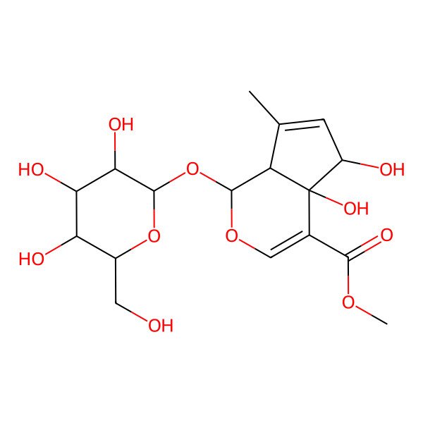 2D Structure of methyl 4a,5-dihydroxy-7-methyl-1-[3,4,5-trihydroxy-6-(hydroxymethyl)oxan-2-yl]oxy-5,7a-dihydro-1H-cyclopenta[c]pyran-4-carboxylate