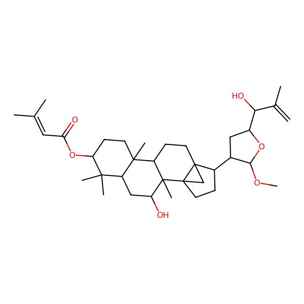 2D Structure of [3-Hydroxy-15-[5-(1-hydroxy-2-methylprop-2-enyl)-2-methoxyoxolan-3-yl]-2,6,6,10-tetramethyl-7-pentacyclo[12.3.1.01,14.02,11.05,10]octadecanyl] 3-methylbut-2-enoate