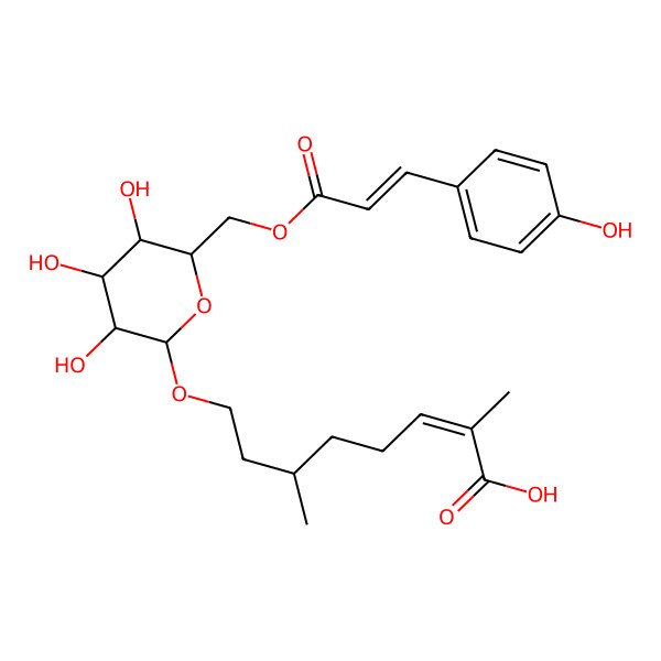 2D Structure of (E,6R)-2,6-dimethyl-8-[(2R,3R,4S,5S,6R)-3,4,5-trihydroxy-6-[[(E)-3-(4-hydroxyphenyl)prop-2-enoyl]oxymethyl]oxan-2-yl]oxyoct-2-enoic acid