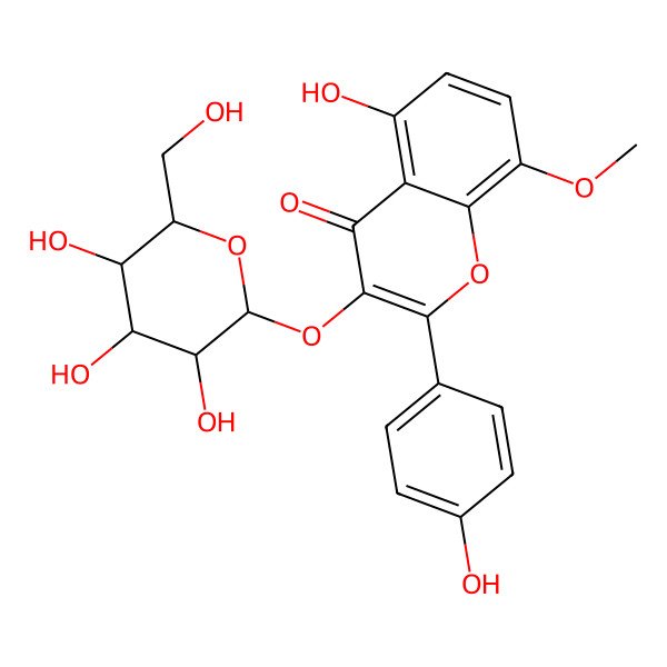 2D Structure of 5-hydroxy-2-(4-hydroxyphenyl)-8-methoxy-3-[(2R,3R,4S,5S,6R)-3,4,5-trihydroxy-6-(hydroxymethyl)oxan-2-yl]oxychromen-4-one