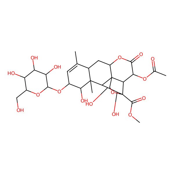 2D Structure of Methyl 3-acetyloxy-12,15,16-trihydroxy-9,13-dimethyl-4-oxo-11-[3,4,5-trihydroxy-6-(hydroxymethyl)oxan-2-yl]oxy-5,18-dioxapentacyclo[12.5.0.01,6.02,17.08,13]nonadec-9-ene-17-carboxylate