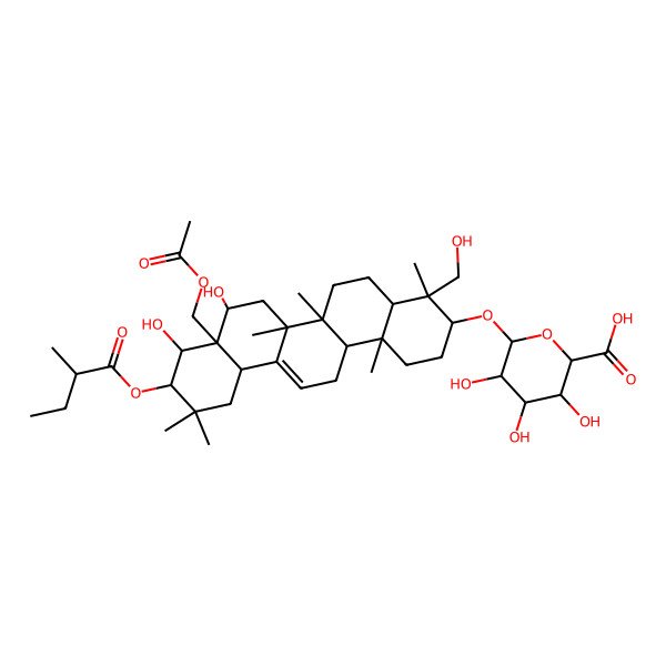 2D Structure of 6-[[8a-(Acetyloxymethyl)-8,9-dihydroxy-4-(hydroxymethyl)-4,6a,6b,11,11,14b-hexamethyl-10-(2-methylbutanoyloxy)-1,2,3,4a,5,6,7,8,9,10,12,12a,14,14a-tetradecahydropicen-3-yl]oxy]-3,4,5-trihydroxyoxane-2-carboxylic acid