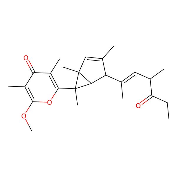 2D Structure of 2-methoxy-3,5-dimethyl-6-[(1S,4S,5R,6S)-1,3,6-trimethyl-4-[(E,4R)-4-methyl-5-oxohept-2-en-2-yl]-6-bicyclo[3.1.0]hex-2-enyl]pyran-4-one