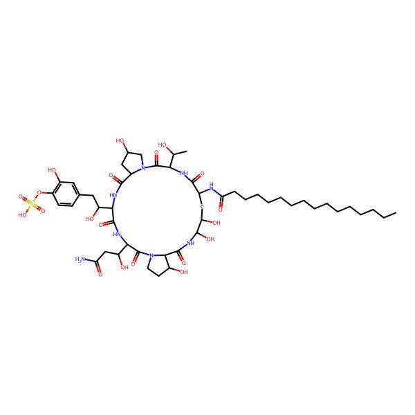2D Structure of [4-[(2R)-2-[(3R,6S,9R,11S,15R,18S,20R,21S,24S,25R)-3-[(1R)-3-amino-1-hydroxy-3-oxopropyl]-18-(hexadecanoylamino)-11,20,21,25-tetrahydroxy-15-[(1S)-1-hydroxyethyl]-2,5,8,14,17,23-hexaoxo-1,4,7,13,16,22-hexazatricyclo[22.3.0.09,13]heptacosan-6-yl]-2-hydroxyethyl]-2-hydroxyphenyl] hydrogen sulfate
