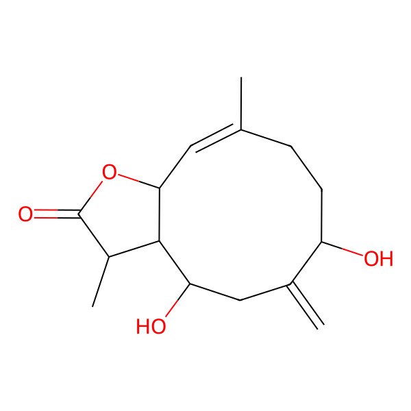 2D Structure of (3S,3aR,4S,7R,10E,11aS)-4,7-dihydroxy-3,10-dimethyl-6-methylidene-3,3a,4,5,7,8,9,11a-octahydrocyclodeca[b]furan-2-one