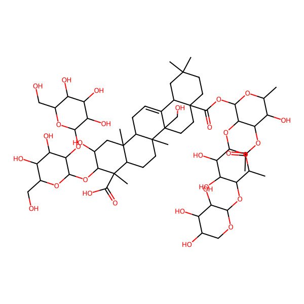 2D Structure of (2S,3R,4S,4aR,6aR,6bR,8aS,12aS,14aR,14bR)-8a-[(2S,3R,4S,5S,6R)-4-acetyloxy-3-[(2S,3R,4S,5R,6S)-3,4-dihydroxy-6-methyl-5-[(2S,3R,4S,5R)-3,4,5-trihydroxyoxan-2-yl]oxyoxan-2-yl]oxy-5-hydroxy-6-methyloxan-2-yl]oxycarbonyl-3-[(2R,3R,4S,5S,6R)-4,5-dihydroxy-6-(hydroxymethyl)-3-[(2S,3R,4S,5S,6R)-3,4,5-trihydroxy-6-(hydroxymethyl)oxan-2-yl]oxyoxan-2-yl]oxy-2-hydroxy-6b-(hydroxymethyl)-4,6a,11,11,14b-pentamethyl-1,2,3,4a,5,6,7,8,9,10,12,12a,14,14a-tetradecahydropicene-4-carboxylic acid