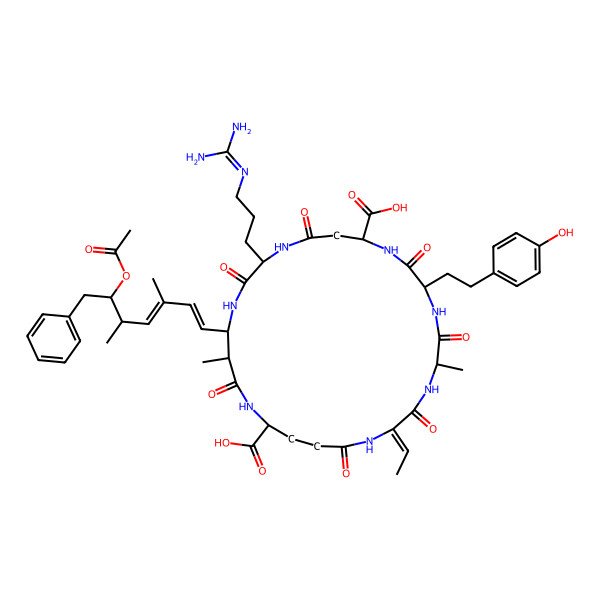2D Structure of 18-(6-Acetyloxy-3,5-dimethyl-7-phenylhepta-1,3-dienyl)-15-[3-(diaminomethylideneamino)propyl]-2-ethylidene-8-[2-(4-hydroxyphenyl)ethyl]-5,19-dimethyl-3,6,9,13,16,20,25-heptaoxo-1,4,7,10,14,17,21-heptazacyclopentacosane-11,22-dicarboxylic acid