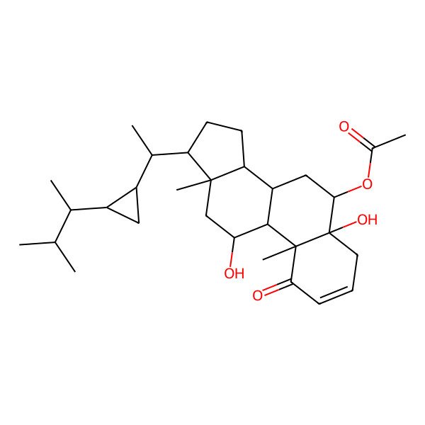 2D Structure of [(5R,6R,8S,9S,10R,11R,13R,14S,17R)-5,11-dihydroxy-10,13-dimethyl-17-[(1R)-1-[(1R,2S)-2-[(2R)-3-methylbutan-2-yl]cyclopropyl]ethyl]-1-oxo-6,7,8,9,11,12,14,15,16,17-decahydro-4H-cyclopenta[a]phenanthren-6-yl] acetate