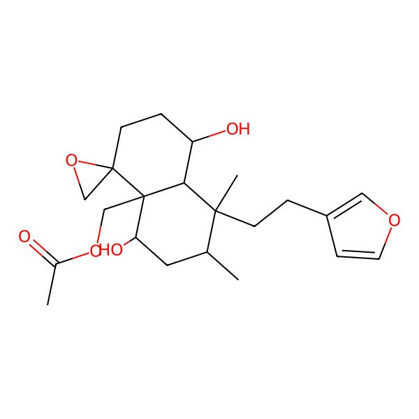 2D Structure of [8-[2-(furan-3-yl)ethyl]-1,5-dihydroxy-7,8-dimethylspiro[2,3,5,6,7,8a-hexahydro-1H-naphthalene-4,2'-oxirane]-4a-yl]methyl acetate