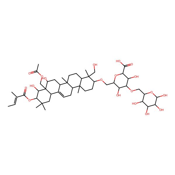 2D Structure of 6-[[8a-(acetyloxymethyl)-8,9-dihydroxy-4-(hydroxymethyl)-4,6a,11,11,14b-pentamethyl-10-(2-methylbut-2-enoyloxy)-2,3,4a,5,6,6b,7,8,9,10,12,12a,14,14a-tetradecahydro-1H-picen-3-yl]oxymethyl]-3,5-dihydroxy-4-[(3,4,5,6-tetrahydroxyoxan-2-yl)methoxy]oxane-2-carboxylic acid