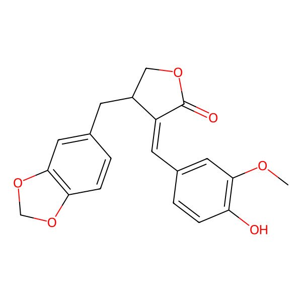 2D Structure of (3E,4R)-4-(1,3-benzodioxol-5-ylmethyl)-3-[(4-hydroxy-3-methoxyphenyl)methylidene]oxolan-2-one