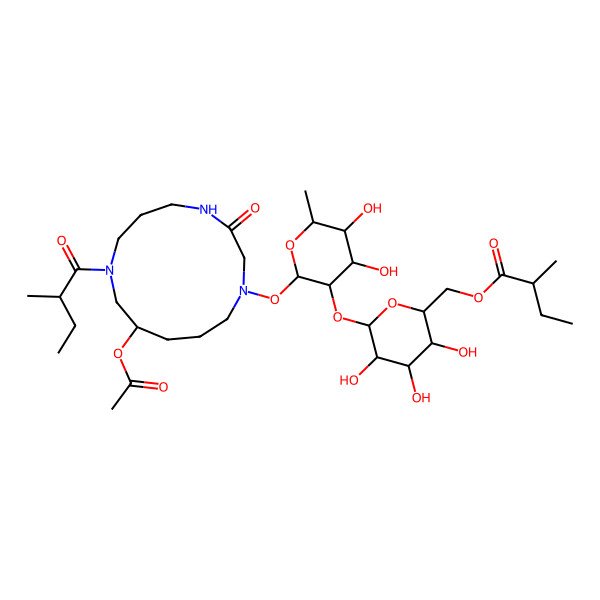 2D Structure of [(2R,3S,4S,5R,6S)-6-[(2S,3R,4R,5R,6S)-2-[[(10R)-10-acetyloxy-8-[(2S)-2-methylbutanoyl]-3-oxo-1,4,8-triazacyclotridec-1-yl]oxy]-4,5-dihydroxy-6-methyloxan-3-yl]oxy-3,4,5-trihydroxyoxan-2-yl]methyl (2S)-2-methylbutanoate