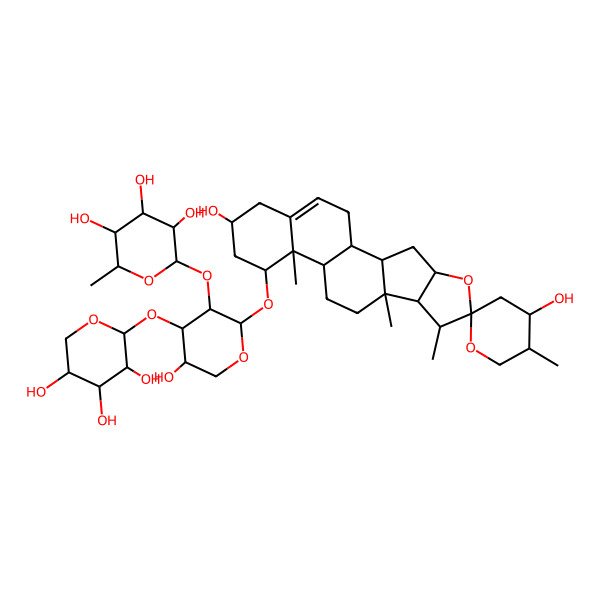 2D Structure of (2S,3R,4R,5R,6S)-2-[(2S,3R,4S,5S)-2-[(1S,2S,4S,4'S,5'S,6R,7S,8R,9S,12S,13R,14R,16R)-4',16-dihydroxy-5',7,9,13-tetramethylspiro[5-oxapentacyclo[10.8.0.02,9.04,8.013,18]icos-18-ene-6,2'-oxane]-14-yl]oxy-5-hydroxy-4-[(2S,3R,4S,5R)-3,4,5-trihydroxyoxan-2-yl]oxyoxan-3-yl]oxy-6-methyloxane-3,4,5-triol