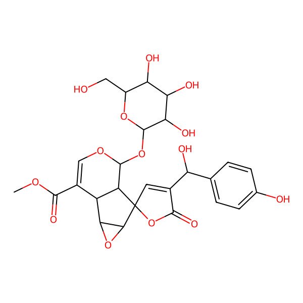 2D Structure of methyl (1S,2S,4S,5R,6S,7S)-4'-[(R)-hydroxy-(4-hydroxyphenyl)methyl]-5'-oxo-7-[(2S,3R,4S,5S,6R)-3,4,5-trihydroxy-6-(hydroxymethyl)oxan-2-yl]oxyspiro[3,8-dioxatricyclo[4.4.0.02,4]dec-9-ene-5,2'-furan]-10-carboxylate