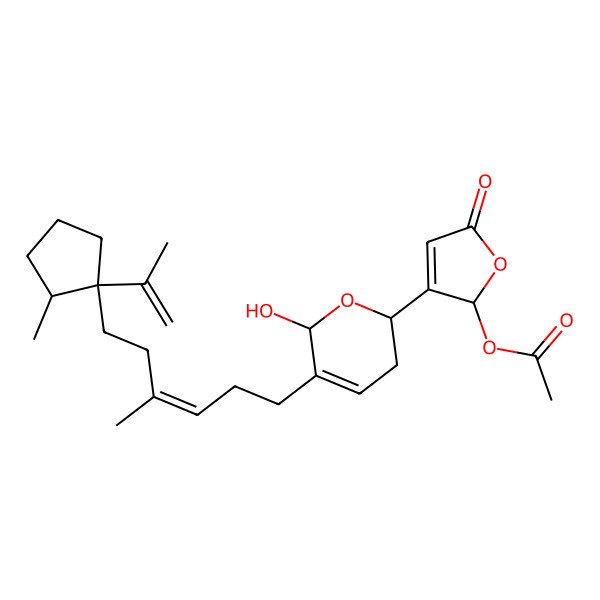 2D Structure of [(2R)-3-[(2R,6S)-6-hydroxy-5-[(E)-4-methyl-6-[(1S,2S)-2-methyl-1-prop-1-en-2-ylcyclopentyl]hex-3-enyl]-3,6-dihydro-2H-pyran-2-yl]-5-oxo-2H-furan-2-yl] acetate