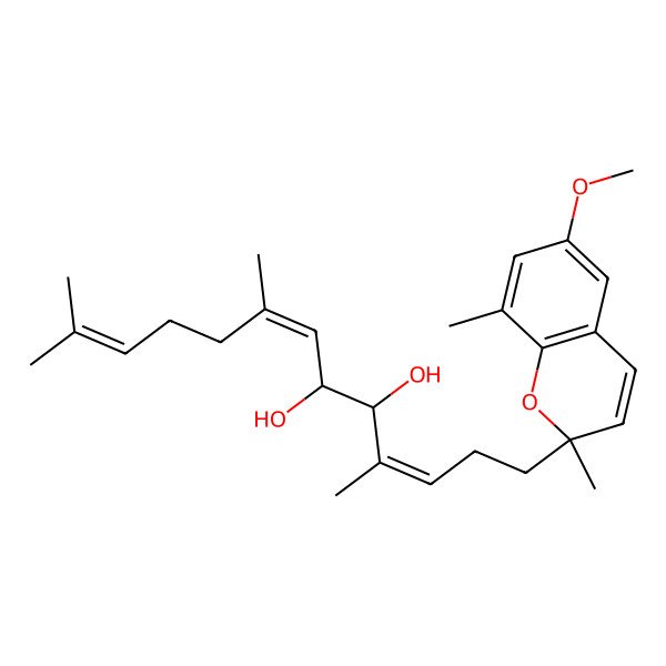2D Structure of (3E,5R,6R,7E)-1-(6-methoxy-2,8-dimethylchromen-2-yl)-4,8,12-trimethyltrideca-3,7,11-triene-5,6-diol