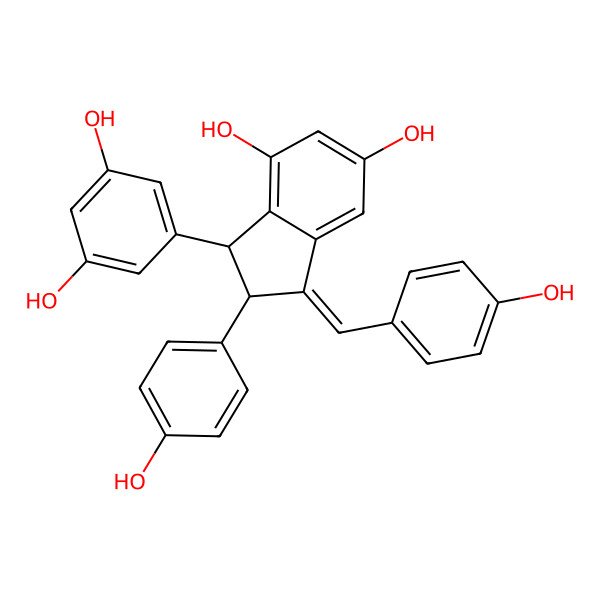 2D Structure of 3-(3,5-Dihydroxyphenyl)-2-(4-hydroxyphenyl)-1-[(4-hydroxyphenyl)methylidene]-2,3-dihydroindene-4,6-diol
