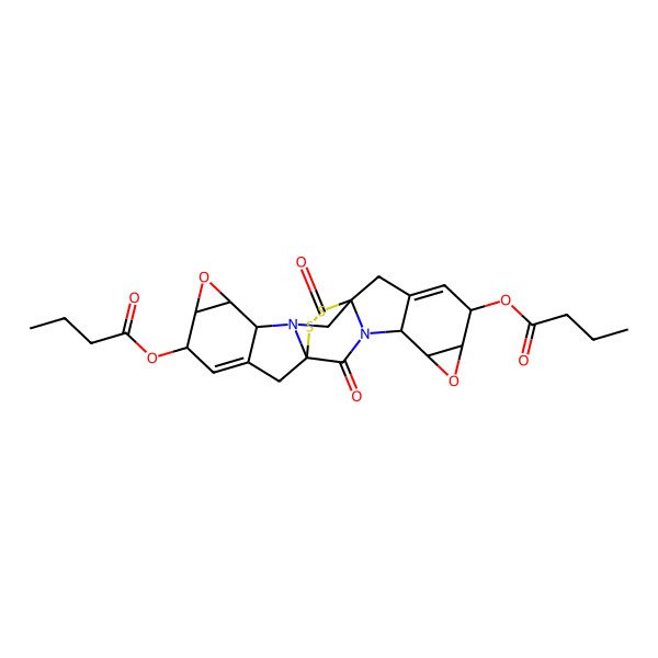 2D Structure of (19-Butanoyloxy-2,13-dioxo-6,17-dioxa-23,24-dithia-3,14-diazaoctacyclo[10.10.2.01,14.03,12.04,10.05,7.015,21.016,18]tetracosa-9,20-dien-8-yl) butanoate