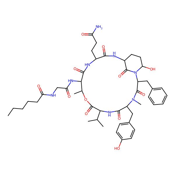 2D Structure of N-[2-[[15-(3-amino-3-oxopropyl)-2-benzyl-21-hydroxy-5-[(4-hydroxyphenyl)methyl]-4,11-dimethyl-3,6,9,13,16,22-hexaoxo-8-propan-2-yl-10-oxa-1,4,7,14,17-pentazabicyclo[16.3.1]docosan-12-yl]amino]-2-oxoethyl]hexanamide