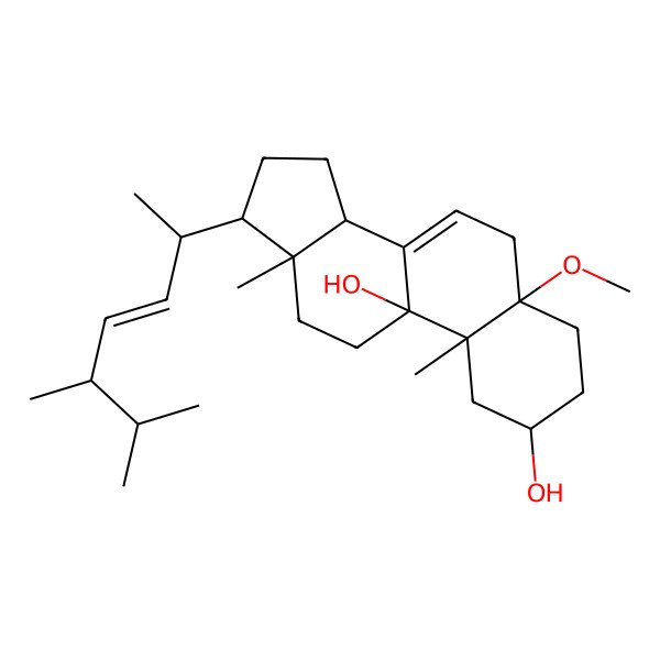 2D Structure of 17-(5,6-dimethylhept-3-en-2-yl)-5-methoxy-10,13-dimethyl-2,3,4,6,11,12,14,15,16,17-decahydro-1H-cyclopenta[a]phenanthrene-2,9-diol