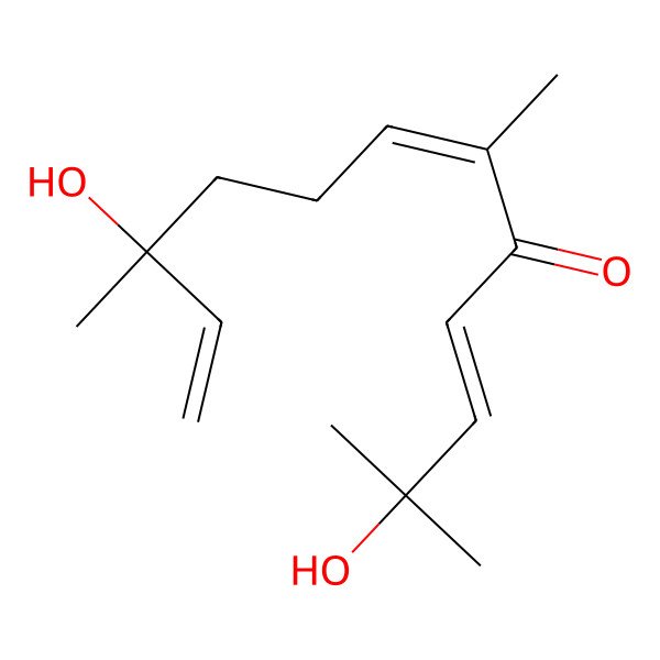 2D Structure of (3E,6E,10S)-2,10-dihydroxy-2,6,10-trimethyldodeca-3,6,11-trien-5-one 2D Structure of (3E,6E,10S)-2,10-dihydroxy-2,6,10-trimethyldodeca-3,6,11-trien-5-one
