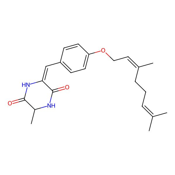 2D Structure of (3E,6S)-3-[[4-[(2E)-3,7-dimethylocta-2,6-dienoxy]phenyl]methylidene]-6-methylpiperazine-2,5-dione