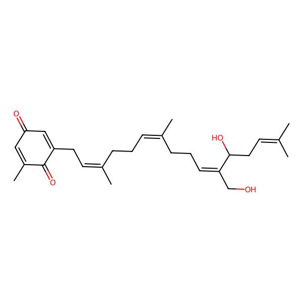 2D Structure of 2-[(2E,6E,10E,12R)-12-hydroxy-11-(hydroxymethyl)-3,7,15-trimethylhexadeca-2,6,10,14-tetraenyl]-6-methylcyclohexa-2,5-diene-1,4-dione