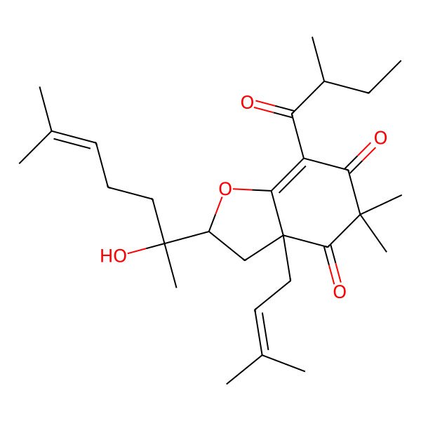 2D Structure of 2-(2-Hydroxy-6-methylhept-5-en-2-yl)-5,5-dimethyl-7-(2-methylbutanoyl)-3a-(3-methylbut-2-enyl)-2,3-dihydro-1-benzofuran-4,6-dione