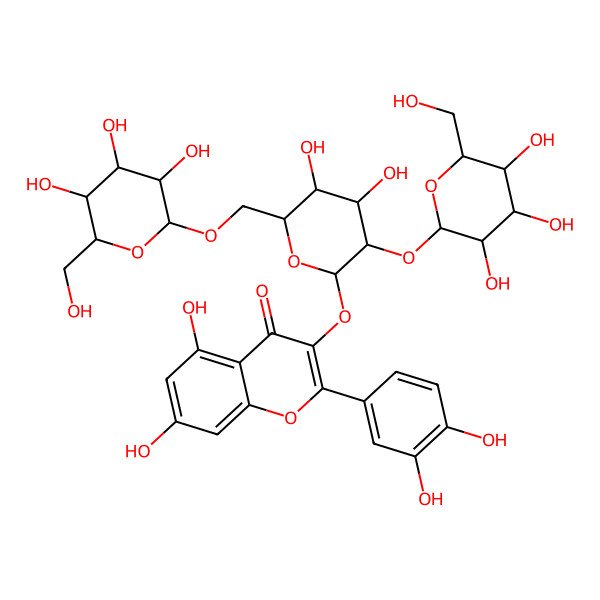 2D Structure of 2-(3,4-Dihydroxyphenyl)-3-[4,5-dihydroxy-3-[3,4,5-trihydroxy-6-(hydroxymethyl)oxan-2-yl]oxy-6-[[3,4,5-trihydroxy-6-(hydroxymethyl)oxan-2-yl]oxymethyl]oxan-2-yl]oxy-5,7-dihydroxychromen-4-one