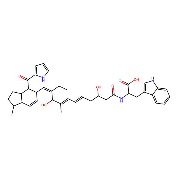 2D Structure of 2-[[3,9-dihydroxy-8-methyl-10-[[1-methyl-4-(1H-pyrrole-2-carbonyl)-2,3,3a,4,5,7a-hexahydro-1H-inden-5-yl]methylidene]dodeca-5,7-dienoyl]amino]-3-(1H-indol-3-yl)propanoic acid