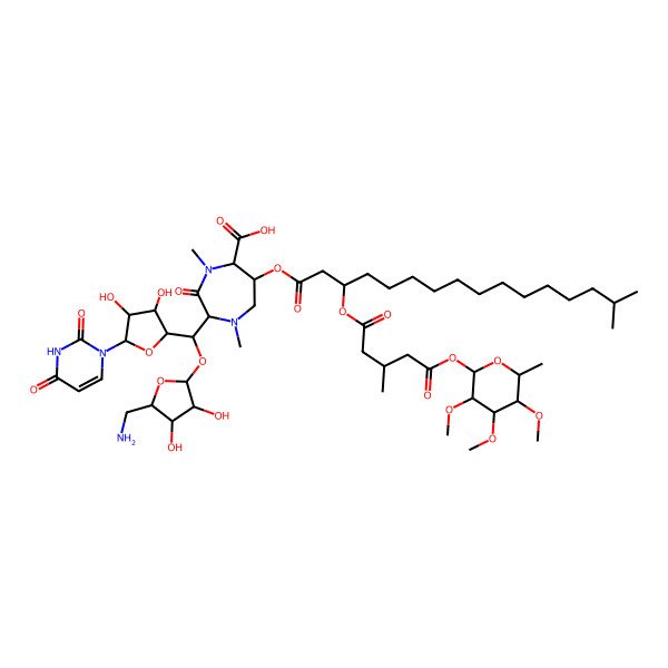 2D Structure of (2S,5S,6S)-2-[(S)-[(2S,3R,4S,5R)-5-(aminomethyl)-3,4-dihydroxyoxolan-2-yl]oxy-[(2S,3S,4R,5R)-5-(2,4-dioxopyrimidin-1-yl)-3,4-dihydroxyoxolan-2-yl]methyl]-1,4-dimethyl-6-[(3S)-15-methyl-3-[(3S)-3-methyl-5-oxo-5-[(2S,3R,4R,5S,6S)-3,4,5-trimethoxy-6-methyloxan-2-yl]oxypentanoyl]oxyhexadecanoyl]oxy-3-oxo-1,4-diazepane-5-carboxylic acid