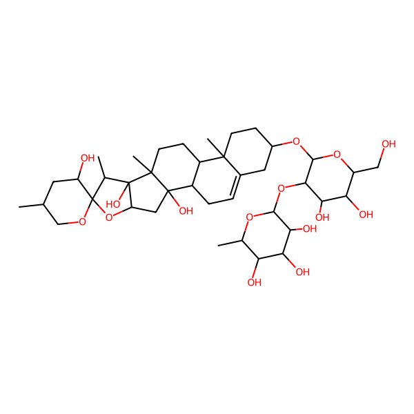 2D Structure of (1R,2R,3'S,4S,5'R,6S,7S,8S,9S,12S,13R,16S)-16-[(2R,3R,4S,5S,6R)-4,5-dihydroxy-6-(hydroxymethyl)-3-[(2S,3R,4R,5R,6S)-3,4,5-trihydroxy-6-methyloxan-2-yl]oxyoxan-2-yl]oxy-5',7,9,13-tetramethylspiro[5-oxapentacyclo[10.8.0.02,9.04,8.013,18]icos-18-ene-6,2'-oxane]-2,3',8-triol