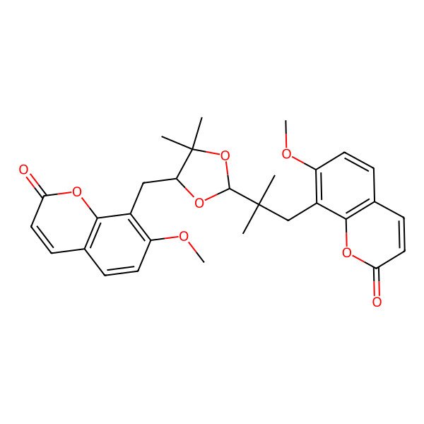 2D Structure of 7-Methoxy-8-[[2-[1-(7-methoxy-2-oxochromen-8-yl)-2-methylpropan-2-yl]-5,5-dimethyl-1,3-dioxolan-4-yl]methyl]chromen-2-one
