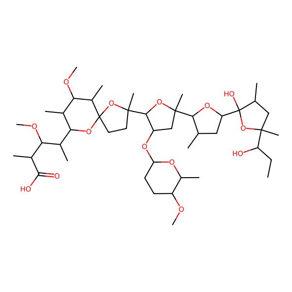 2D Structure of (2S,3S,4S)-4-[(2S,5S,6R,7S,8S,9R)-2-[(2S,3R,5S)-5-[(2R,3R,5S)-5-[(2R,3R,5R)-2-hydroxy-5-[(1S)-1-hydroxypropyl]-3,5-dimethyloxolan-2-yl]-3-methyloxolan-2-yl]-3-[(2R,5S,6R)-5-methoxy-6-methyloxan-2-yl]oxy-5-methyloxolan-2-yl]-7-methoxy-2,6,8-trimethyl-1,10-dioxaspiro[4.5]decan-9-yl]-3-methoxy-2-methylpentanoic acid