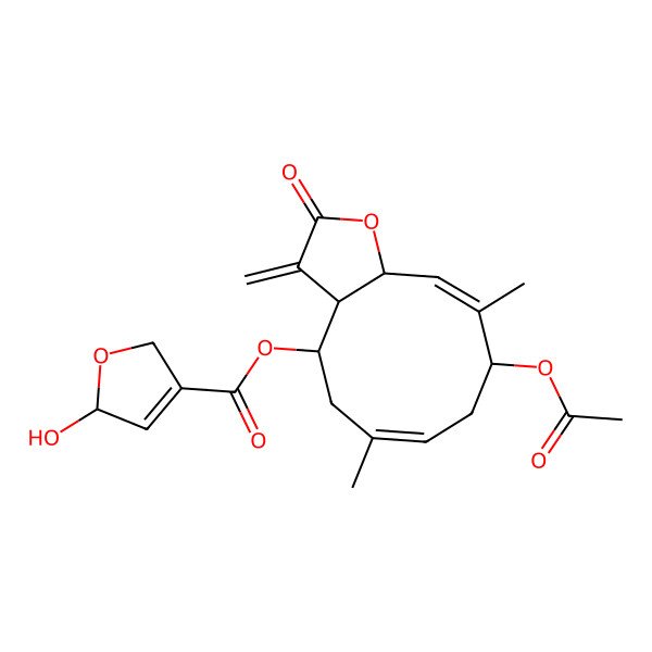 2D Structure of [(3aR,4R,6E,9S,10Z,11aR)-9-acetyloxy-6,10-dimethyl-3-methylidene-2-oxo-3a,4,5,8,9,11a-hexahydrocyclodeca[b]furan-4-yl] (5S)-5-hydroxy-2,5-dihydrofuran-3-carboxylate