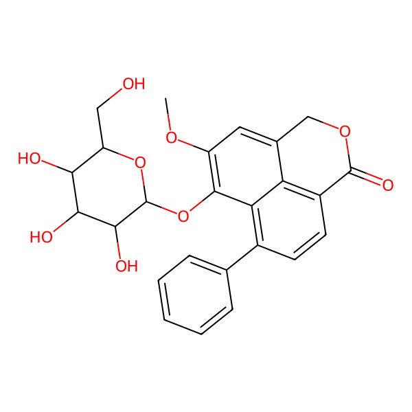 2D Structure of 7-Methoxy-10-phenyl-8-[3,4,5-trihydroxy-6-(hydroxymethyl)oxan-2-yl]oxy-3-oxatricyclo[7.3.1.05,13]trideca-1(13),5,7,9,11-pentaen-2-one