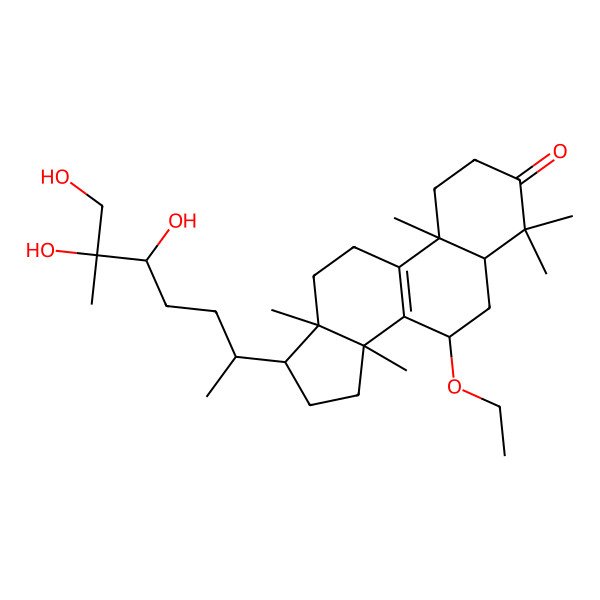 2D Structure of (5R,7R,10S,13R,14R,17R)-7-ethoxy-4,4,10,13,14-pentamethyl-17-[(2R,5S,6S)-5,6,7-trihydroxy-6-methylheptan-2-yl]-1,2,5,6,7,11,12,15,16,17-decahydrocyclopenta[a]phenanthren-3-one