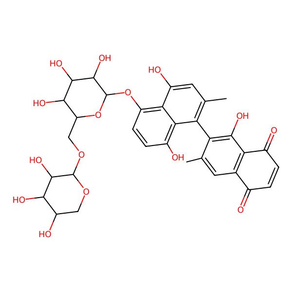 2D Structure of 6-[4,8-dihydroxy-2-methyl-5-[(2S,3R,4S,5S,6R)-3,4,5-trihydroxy-6-[[(2S,3R,4S,5R)-3,4,5-trihydroxyoxan-2-yl]oxymethyl]oxan-2-yl]oxynaphthalen-1-yl]-5-hydroxy-7-methylnaphthalene-1,4-dione