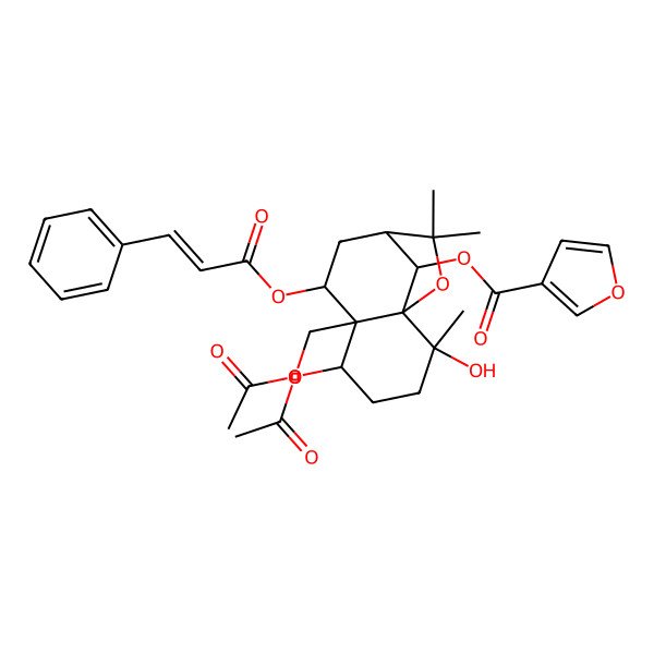 2D Structure of [(1S,2S,5S,6S,7S,9R,12R)-5-acetyloxy-6-(acetyloxymethyl)-2-hydroxy-2,10,10-trimethyl-7-[(E)-3-phenylprop-2-enoyl]oxy-11-oxatricyclo[7.2.1.01,6]dodecan-12-yl] furan-3-carboxylate