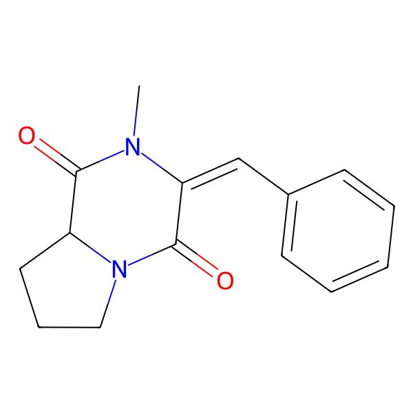 2D Structure of (3E,8aR)-3-benzylidene-2-methyl-6,7,8,8a-tetrahydropyrrolo[1,2-a]pyrazine-1,4-dione