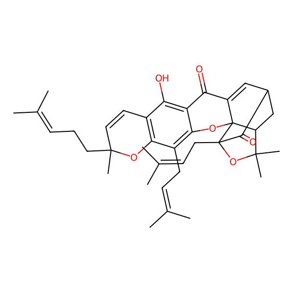 2D Structure of (1R,2R,8S,17R,19S)-12-hydroxy-8,21,21-trimethyl-5,19-bis(3-methylbut-2-enyl)-8-(4-methylpent-3-enyl)-3,7,20-trioxahexacyclo[15.4.1.02,15.02,19.04,13.06,11]docosa-4(13),5,9,11,15-pentaene-14,18-dione