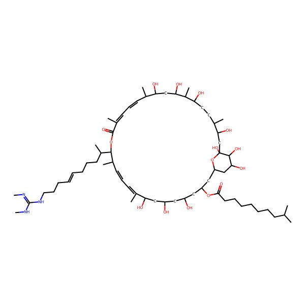 2D Structure of [(1R,3R,5S,7S,9R,10E,12E,14R,15S,18Z,20E,22R,23S,25R,26R,27R,30S,31S,33R,34S,35R)-15-[(E,2S)-10-[(N,N'-dimethylcarbamimidoyl)amino]dec-6-en-2-yl]-5,7,9,23,25,27,31,33,34,35-decahydroxy-10,14,18,22,26,30-hexamethyl-17-oxo-16,37-dioxabicyclo[31.3.1]heptatriaconta-10,12,18,20-tetraen-3-yl] 9-methyldecanoate