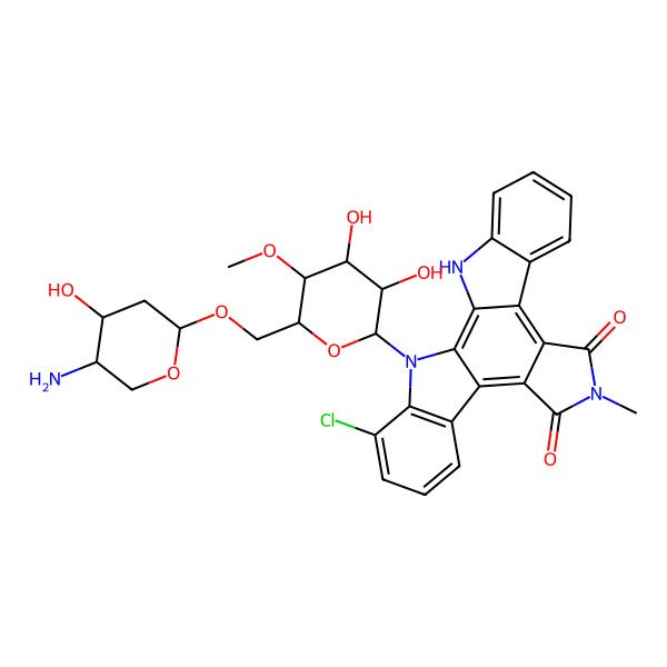 2D Structure of 3-[(2R,3S,4S,5S,6R)-6-[[(2S,4S,5S)-5-amino-4-hydroxyoxan-2-yl]oxymethyl]-3,4-dihydroxy-5-methoxyoxan-2-yl]-5-chloro-13-methyl-3,13,23-triazahexacyclo[14.7.0.02,10.04,9.011,15.017,22]tricosa-1,4(9),5,7,10,15,17,19,21-nonaene-12,14-dione