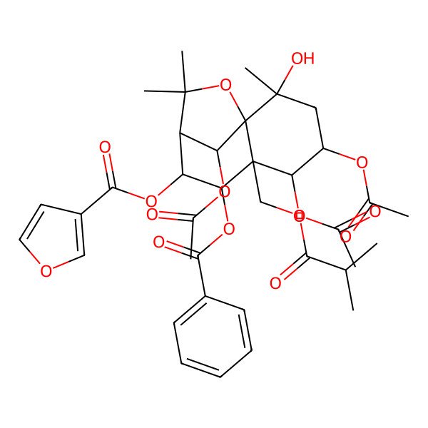 2D Structure of [(1S,2S,4S,5R,6S,7R,8R,9R,12R)-4,5,12-triacetyloxy-7-benzoyloxy-2-hydroxy-2,10,10-trimethyl-6-(2-methylpropanoyloxymethyl)-11-oxatricyclo[7.2.1.01,6]dodecan-8-yl] furan-3-carboxylate