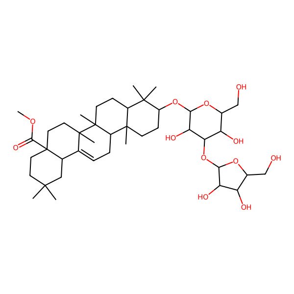2D Structure of methyl (4aS,6aR,6aS,6bR,8aR,10S,12aR,14bR)-10-[(2R,3R,4S,5S,6R)-4-[(2S,3S,4S,5S)-3,4-dihydroxy-5-(hydroxymethyl)oxolan-2-yl]oxy-3,5-dihydroxy-6-(hydroxymethyl)oxan-2-yl]oxy-2,2,6a,6b,9,9,12a-heptamethyl-1,3,4,5,6,6a,7,8,8a,10,11,12,13,14b-tetradecahydropicene-4a-carboxylate