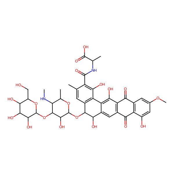 2D Structure of 2-[[1,6,9,14-Tetrahydroxy-5-[3-hydroxy-6-methyl-5-(methylamino)-4-[3,4,5-trihydroxy-6-(hydroxymethyl)oxan-2-yl]oxyoxan-2-yl]oxy-11-methoxy-3-methyl-8,13-dioxo-5,6-dihydrobenzo[a]tetracene-2-carbonyl]amino]propanoic acid